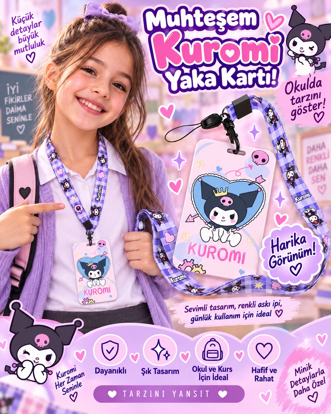 Kuromi Yaka Kartı Boyun Askılı Kimlik Kartı Kılıfı – Okul Kurs ve Günlük Kullanım